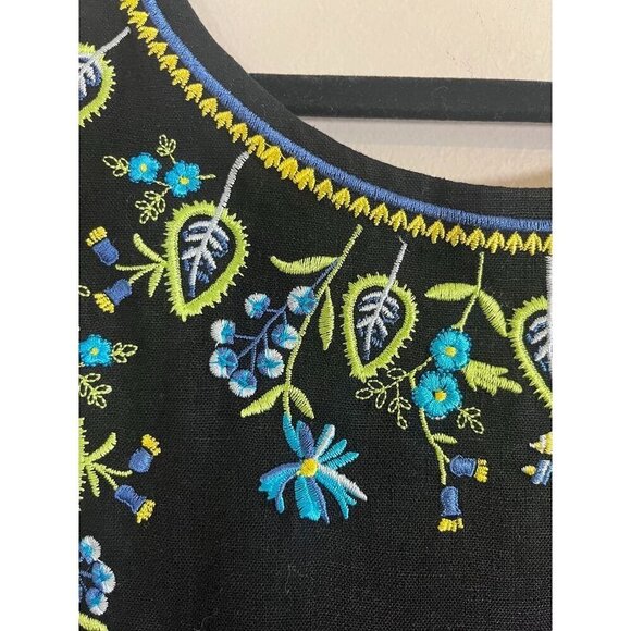 Retro Floral Linen Tank Dress 14 Black Cottagecore Embroidery Boho Old Money 90s - Picture 4 of 13